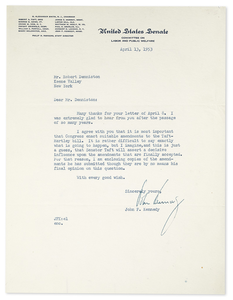 KENNEDY, JOHN F. Typed Letter Signed, John Kennedy, as Senator, to Robert Denniston,
